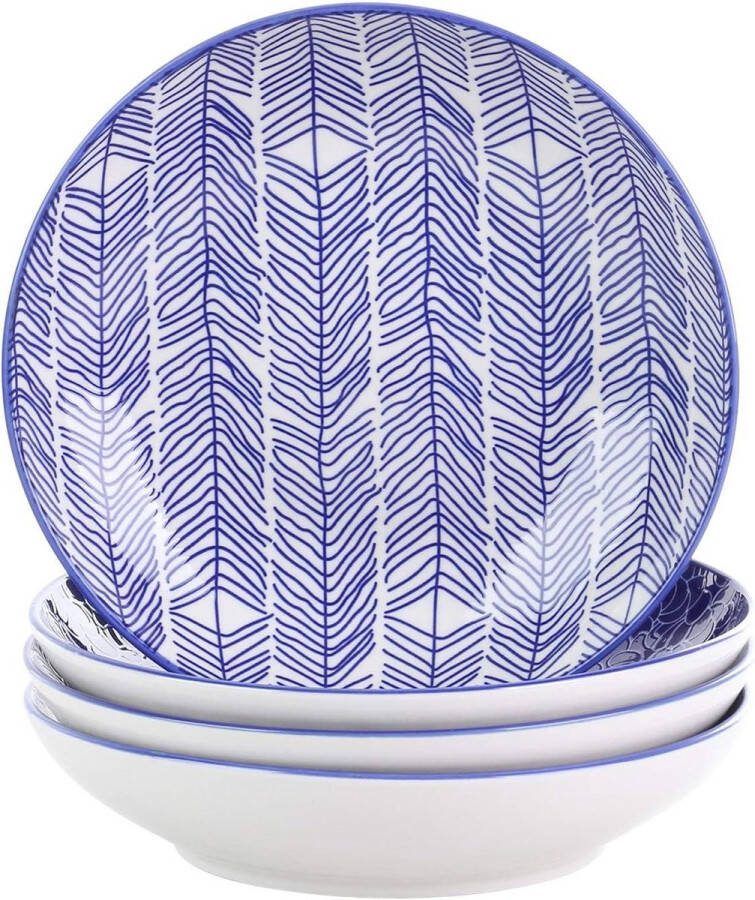 Porseleinen Soepkom Set van 4 Japanse Stijl Blauw Servies 700ml Soep Bord Ramen-Soep-Mixing-Fruit-Noedel-Snack 21 x 21 * 45 cm