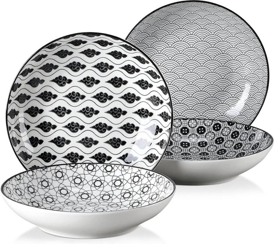 Porseleinen Soepkom Set van 4 Japanse Stijl Zwart Wit Servies 700ml Soep Bord Ramen Soep Mixing Fruit Noedel Snack 21x21x45 cm