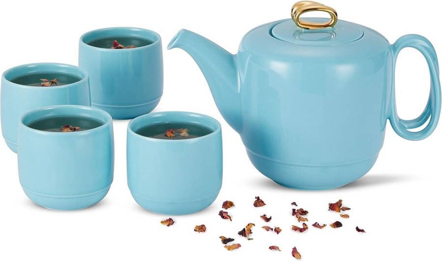 Porseleinen theepot met zeef theeservies met gedraaid handvat met 4 kopjes voor losse thee 1000 ml luxe gouden afwerking gladde lichtblauwe keramische theepot voor geschenken