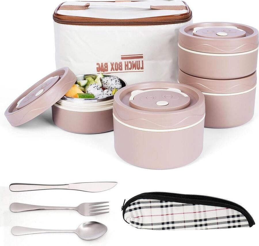 Portable Insulated Lunch Container Set with Cutlery Leakproof Stainless Steel Bento Boxes Thermal Bag Adults Students Brown