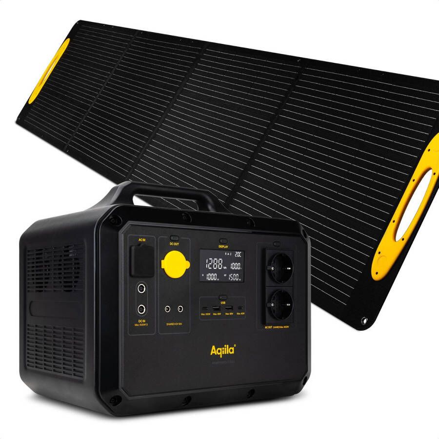 Portable Powerstation 1568Wh 1500W met Opvouwbaar Zonnepaneel 200W Monokristallijn IP65 Waterbestendig Draagbaar LiFePo4 Powerbank met Stopcontact Power Station Generator Aqiila Powerbird S1500 + Sunbird P200 Solar Panel
