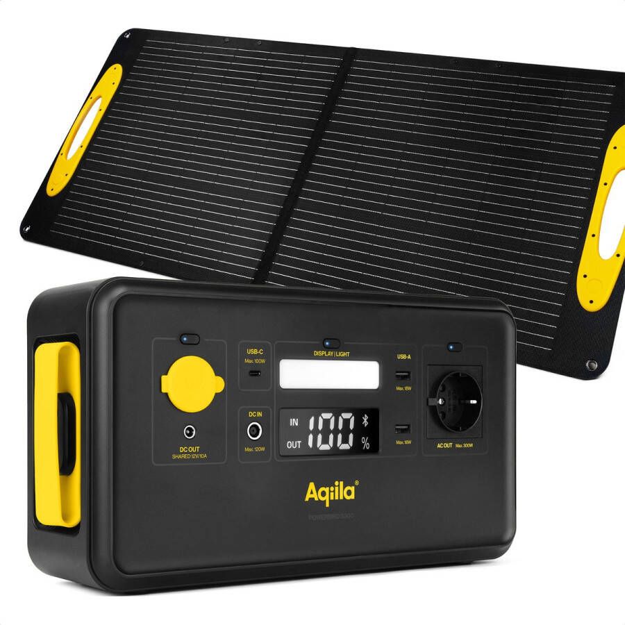 Portable Powerstation 294Wh 300W met Opvouwbaar Zonnepaneel 100W Monokristallijn IP65 Waterbestendig Draagbaar LiFePo4 USB-A en USB-C Poort Powerbank met Stopcontact Power Station Generator Aqiila Powerbird S300 + Sunbird P100 Solar