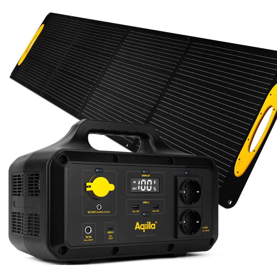 Portable Powerstation 768Wh 1000W met Opvouwbaar Zonnepaneel 200W Monokristallijn IP65 Waterbestendig Draagbaar LiFePo4 Powerbank met Stopcontact Power Station Generator Aqiila Powerbird S1000 + Sunbird P200 Solar Panel