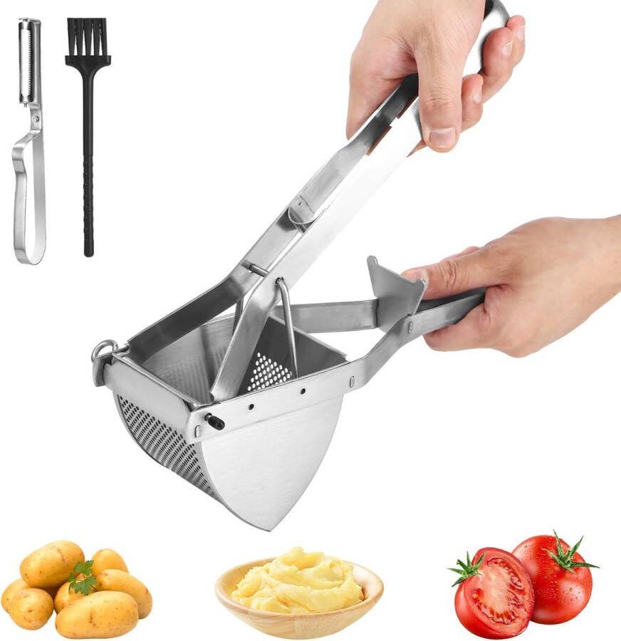 Potato aardappelstamper van roestvrij staal met scheel- en reinigingsborstel aardappelpers groente- en fruitpers handbediende voedselmazel keukenaccessoires eenvoudig in gebruik