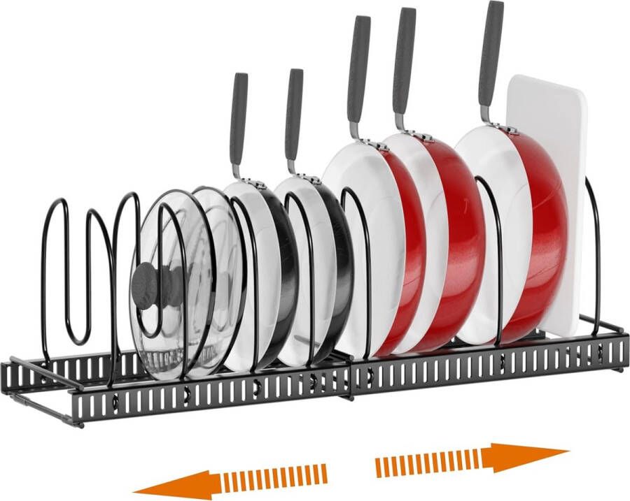 Potdekselhouder uitbreidbare dekselhouderlade pannenhouder pannendeksel opbergruimte voor potten pannen kookpotdeksel bakvormen keukenorganizer met 7 verstelbare vakken zwart