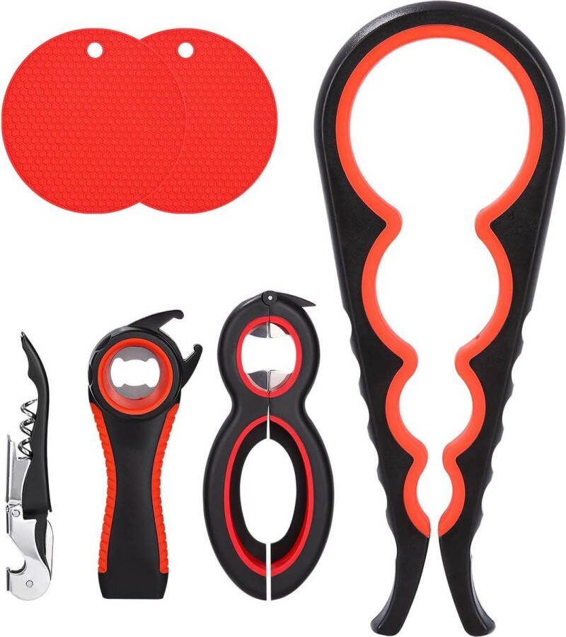 Potopener Set Grijper Flesopener 6-in-1 Multifunctioneel Blikopener Schroefdopopener Dekselopener 5-in-1 Blikopener