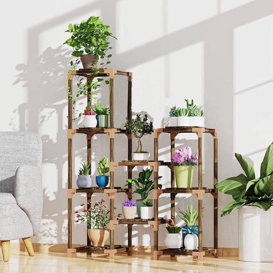 Potplantenstandaard voor binnen en buiten plantenrek met meerdere verdiepingen houten planten organizer tentoonstellingsstandaard voor balkon gazon terras woonkamer kantoor (K4-)