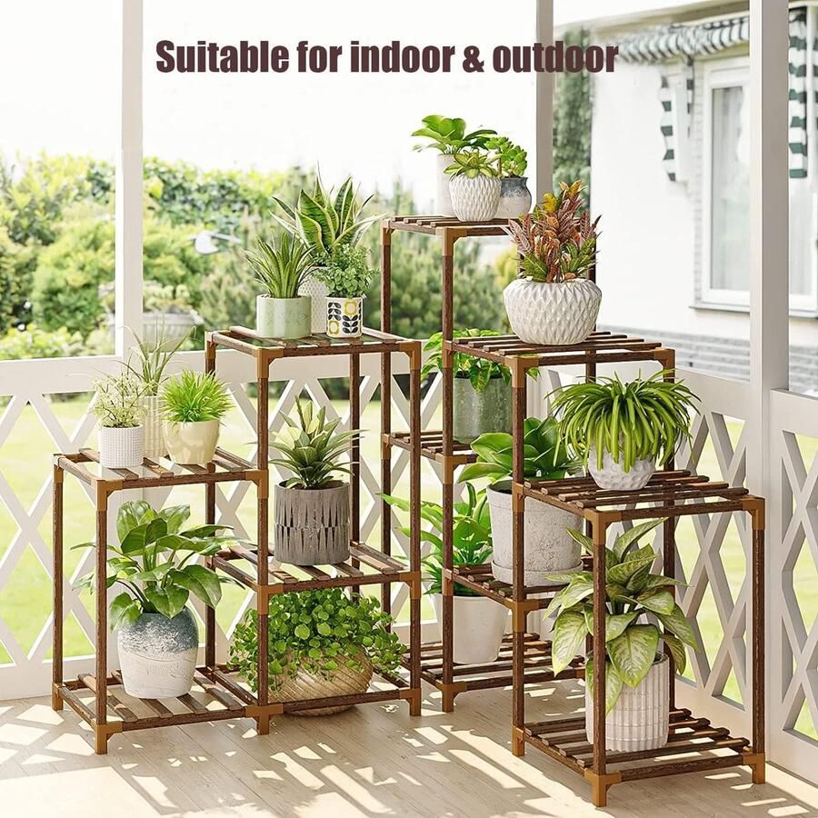 Potplantenstandaard voor binnen en buiten plantenrek met meerdere verdiepingen houten planten organizer tentoonstellingsstandaard voor balkon gazon terras woonkamer kantoor (K7-)