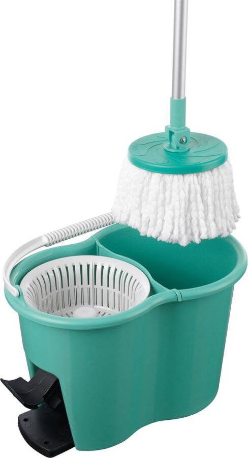 Power-dweilmop met speciale emmer twee-kamer filtersysteem vuilwaterfilter gemakkelijk uitwringen ontworpen in Duitsland turquoise