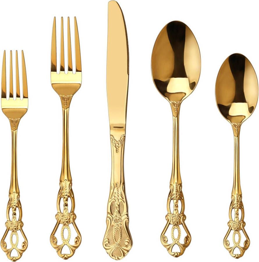 Prachtige Retro Royal Gold 20-delige bestekset gouden bestekset roestvrij staal gouden bestekset gebruiksvoorwerpen inclusief vork lepel en mes