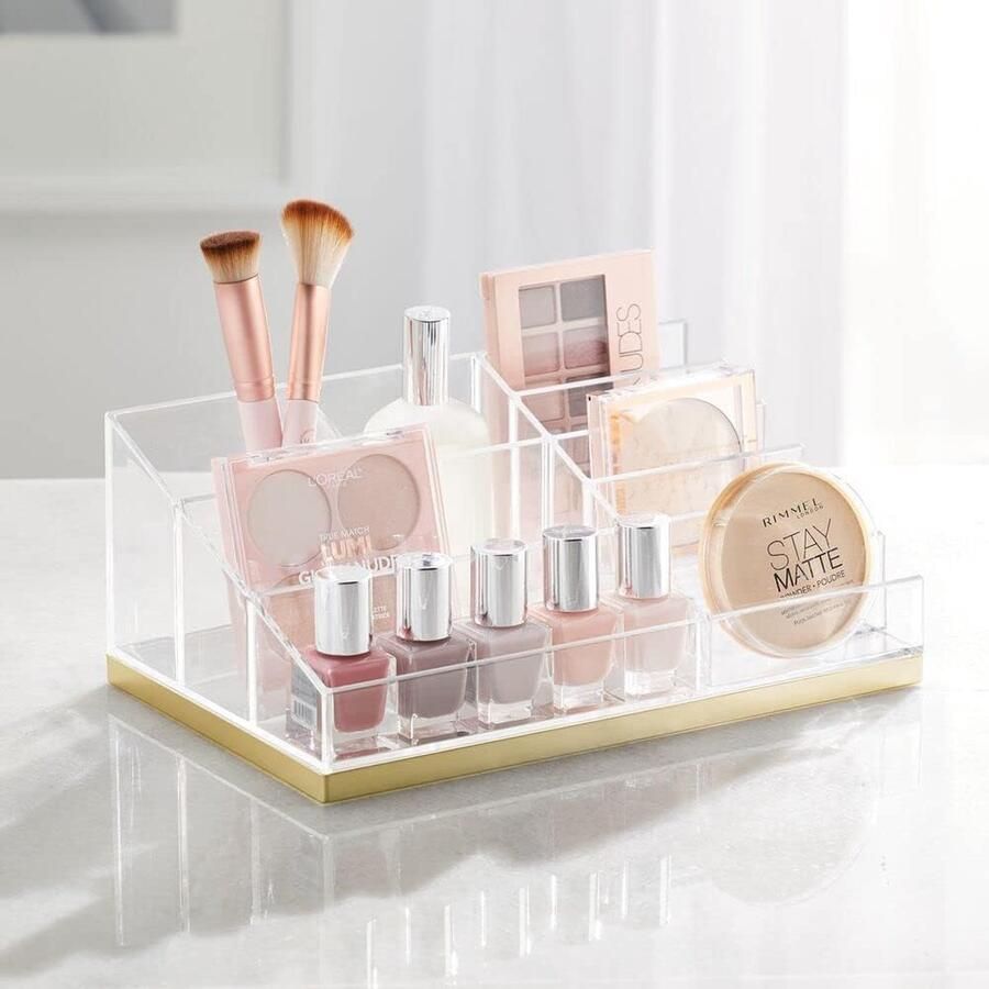 Praktische cosmetica-organizer decoratieve cosmetica-opbergdoos voor nagellak en poeder plank met 10 vakken voor het bewaren van make-up doorzichtig goudkleurig