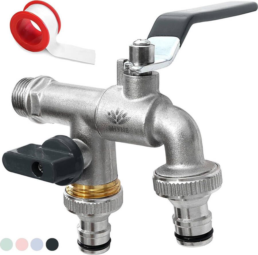 Premium 1 2 inch dubbele kraan van messing roest- en vorstbestendig + 2 x gratis slangaansluitingen + PTFE-band + e-book voor tuin wasmachine regenton
