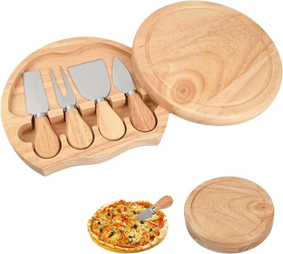Premium 4-delige kaasmessenset RVS kaasvork messenschep met houten handvat mini kaasplankje kaassnijder kaasschep voor kaasschaaf taart dessert en botersnijder