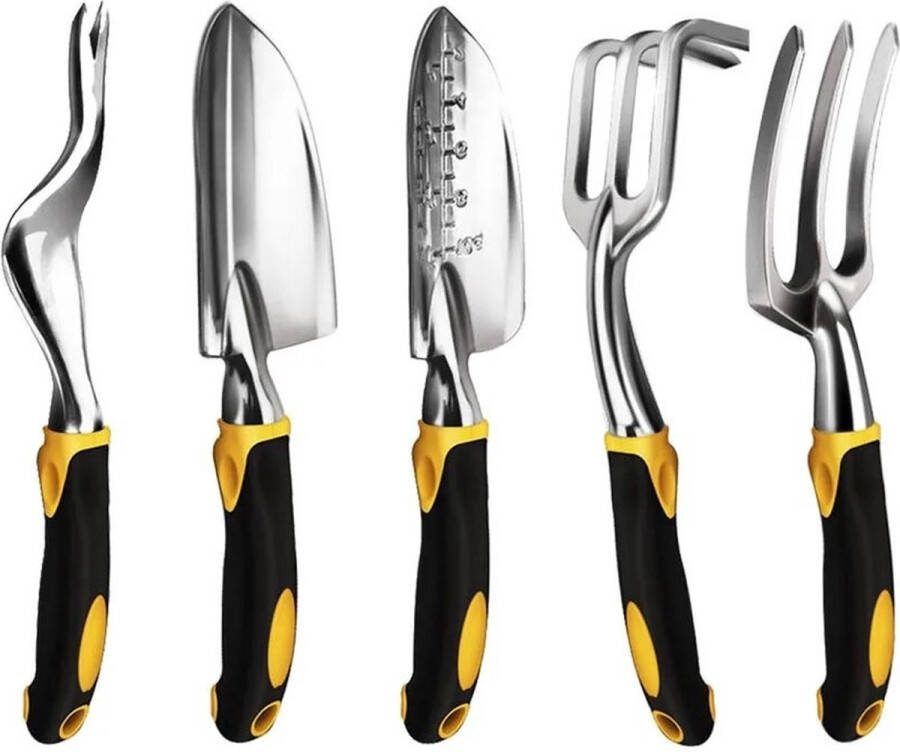 Premium 5-delige RVS Tuingereedschapset Onkruidtool Handschep Schep met Maten Schoffel & Onkruidvork