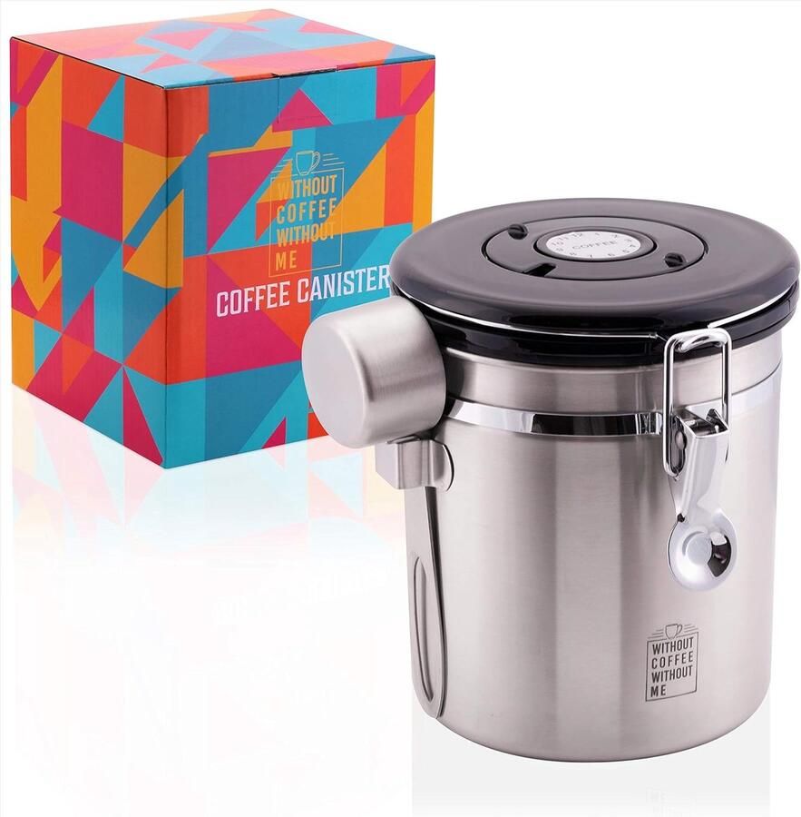 Premium 500 g koffieblik van roestvrij staal voor het bewaren van koffie licht- en luchtdichte voorraaddoos incl. roestvrijstalen doseerlepel