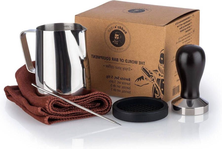 Premium Barista Set Melkkannetje 035 liter Koffiestempel Tamper Ø 51 cm Roestvrij Staal 5-delig met Bijpassende Siliconen Stampermat en Koffienaald L: 135 cm Handdoek espresso tamper