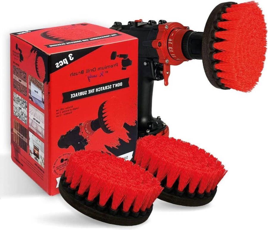 Premium Boorborstel stijf rood 3 stuks SET 13 cm Professionele Power Scrubber Krasvrij reinigen garage baksteen buitentegels hogedrukreiniger Geschikt voor open haard autovelgen