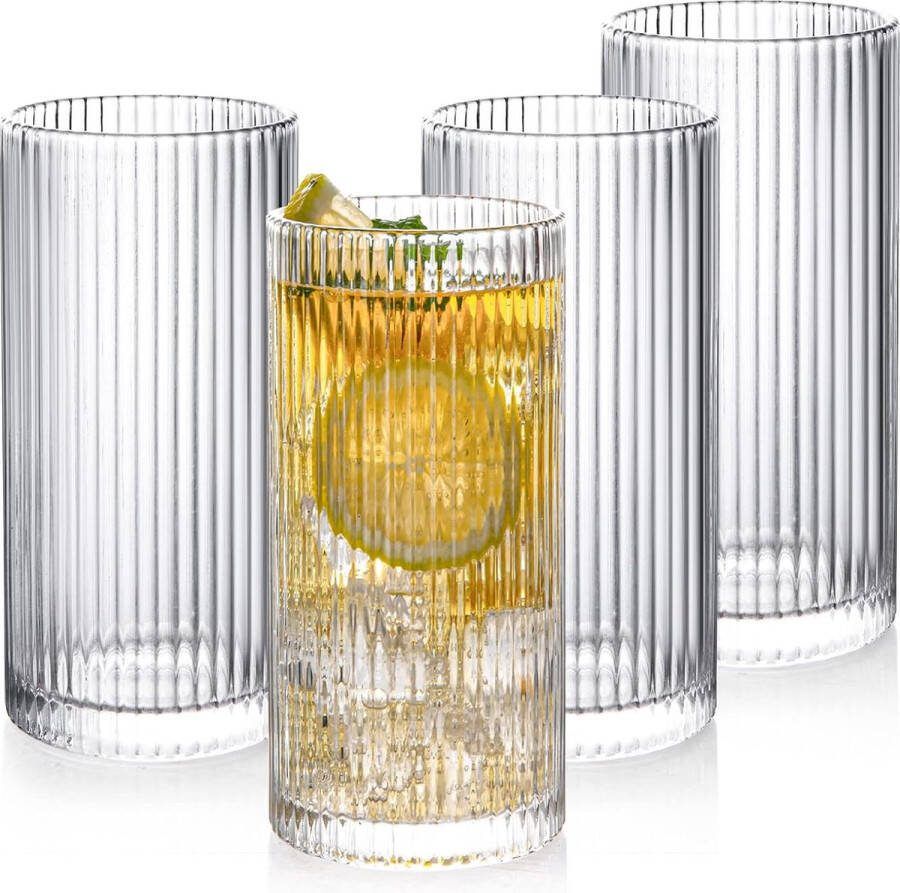 Premium drinkglazenset 4-delig 360 ml cocktailglazen origami-stijl longdrinkglazen geribbelde glazen voor ijskoffie bier water sap mojito voor familie camping feest