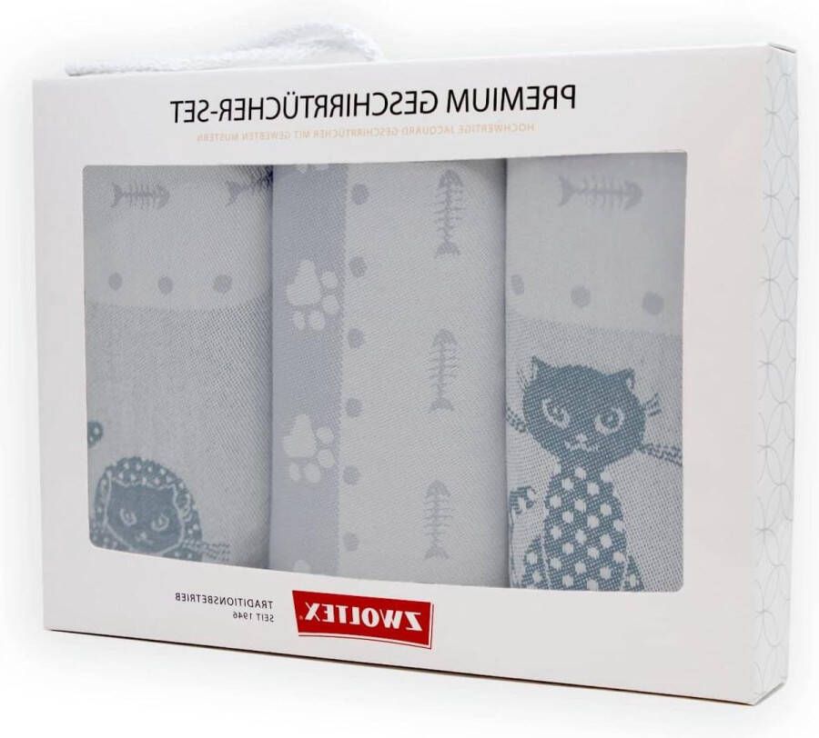 Premium Egyptisch Katoenen Theedoeken Set Made in EU Oeko-Tex 100 Jacquard Keukendoeken Cadeauset 3X Theedoeken Katten Grijs