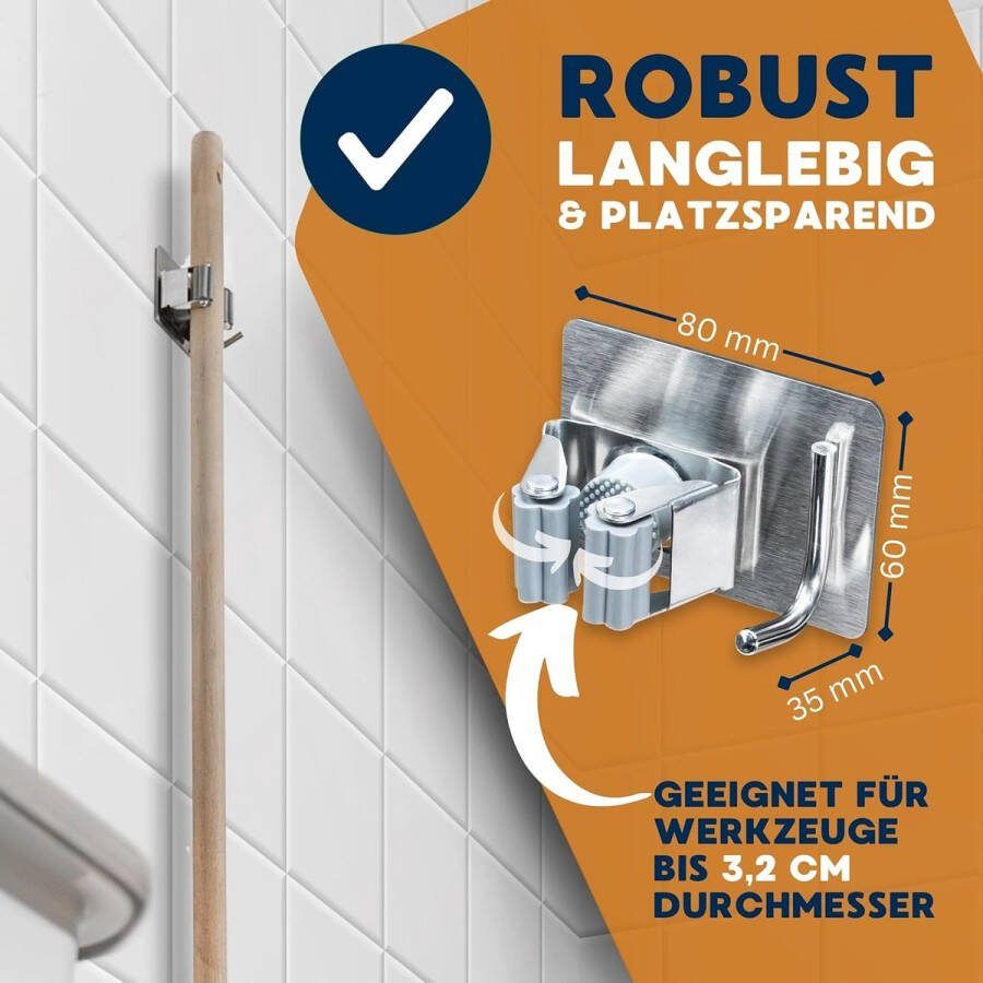 Premium gereedschapshouders met haken set van 4 van roestvrij staal zilver zonder SUS 304 opdruk bezemhouder zonder boren voor muur sterke klemwerking wandhouder gereedschap keuken garage