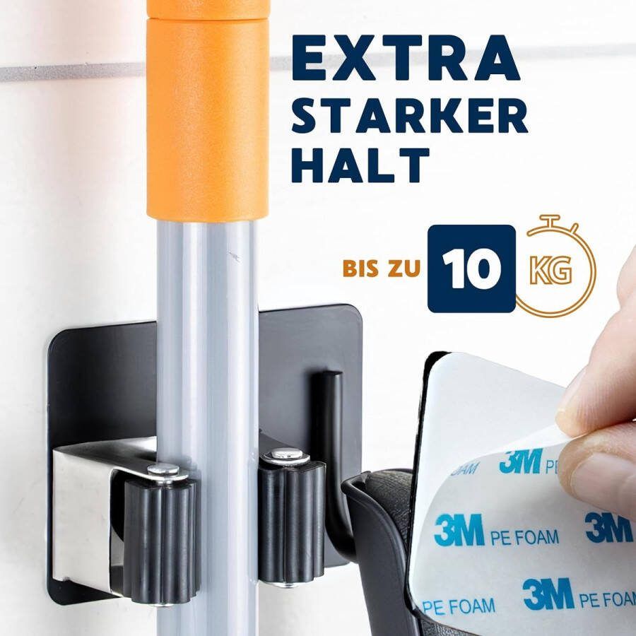 Premium gereedschapshouders met haken set van 4 van roestvrij staal zwart zonder SUS 304 opdruk bezemhouder zonder boren voor muur sterke klemwerking wandhouder gereedschap keuken garage