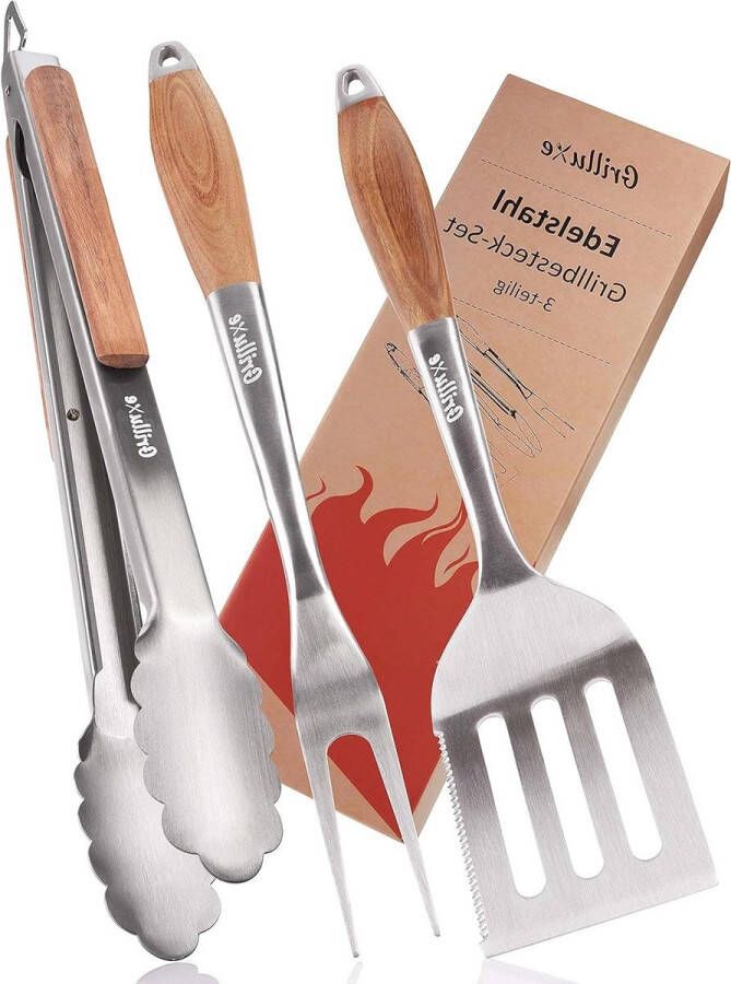 Premium grillbestekset 3-delig acaciahout roestvrij staal extra lang grilltang grillspatel vleesvork flesopener voor grills en oven
