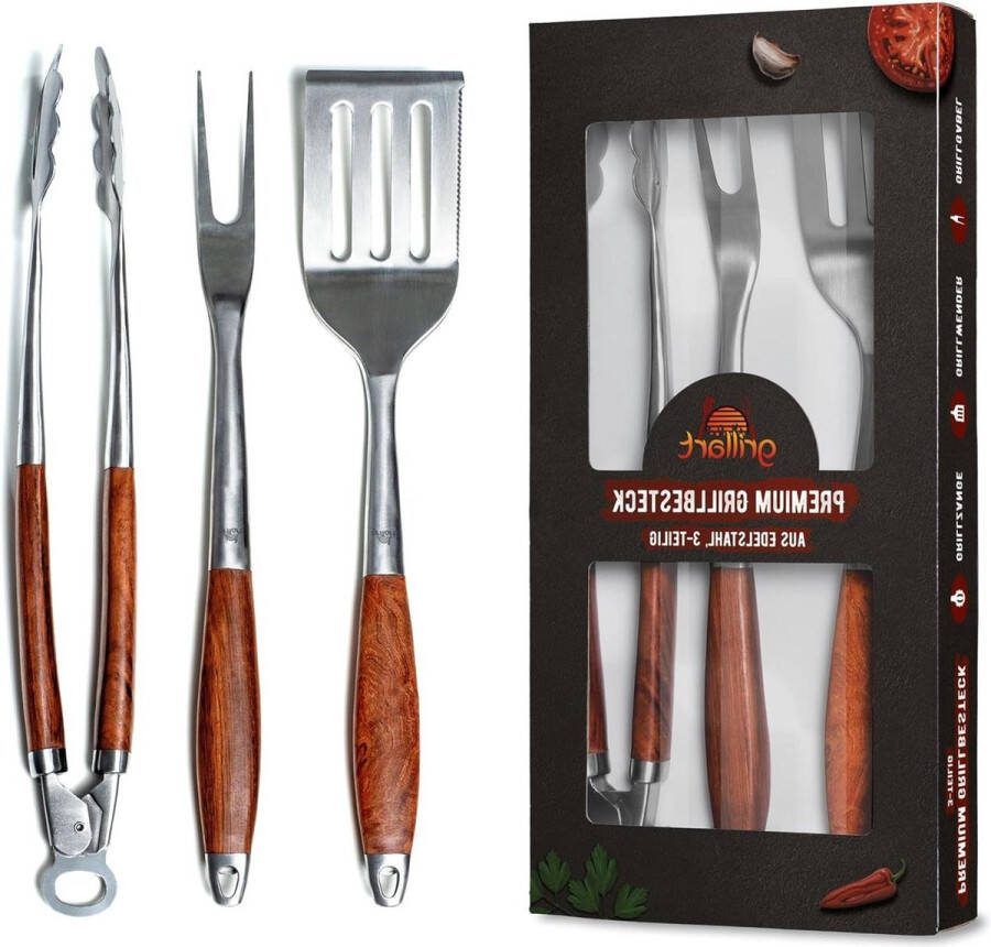 Premium Grillbestekset 3-Delig Roestvrij Staal met Houten Handgrepen Tang Spatel en Vork met Lange Handgreep Barbecue Accessoire barbecue set