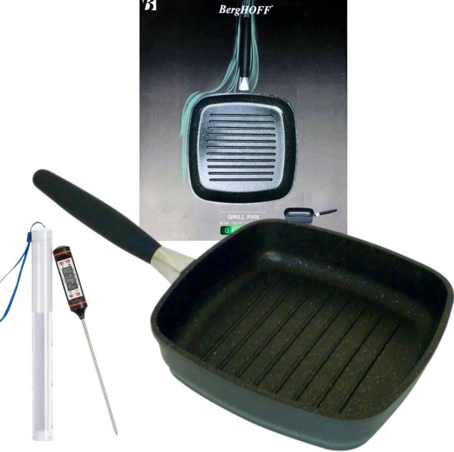 Premium grillpan inductie met afneembare handgreep 24 cm steakpan met anti-aanbaklaag van gegoten aluminium geschikt voor inductie ook voor grill of oven incl. vleesthermometer