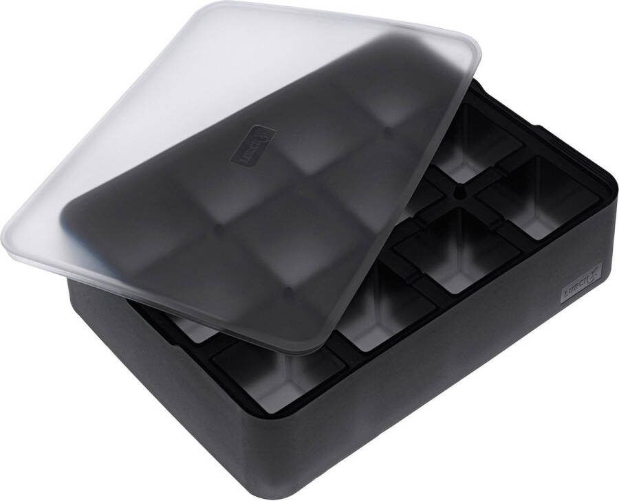Premium ijsmaker van siliconen met deksel voor 12 ijsblokjes in de grootte 4 cm zwart kubus