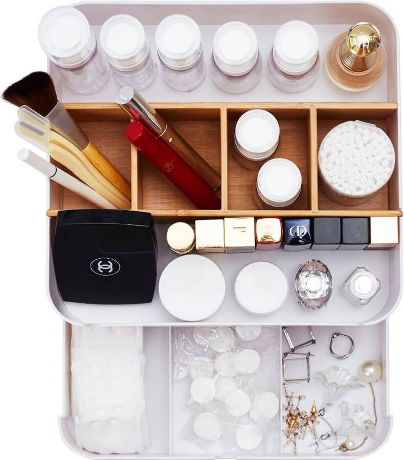 Premium Kwaliteit Make-up Organiser Make-up Opslag Make-up Container Hoogwaardige Multifunctionele Bamboe Cosmetische Doos met 6 Compartimenten en 1 Lade Antislip Opbergdoos