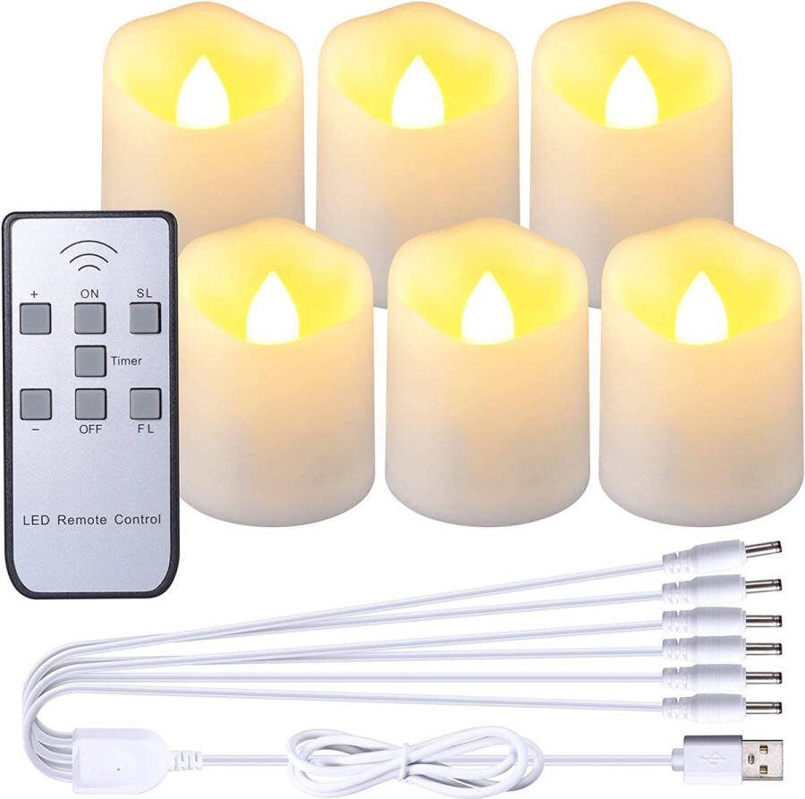 Premium led Kaarsen 6 stuks Oplaadbare waxinelichtjes kaars met usb aansluiting Kerst theelichtjes oplaadbaar Led strip Sfeerverlichting kerst decoratie Flikkerende theelichtjes met