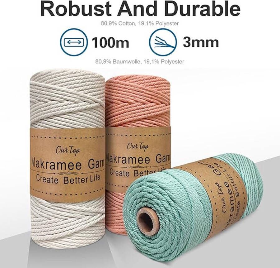 Premium macramégaren macramé koord garen voor doe-het-zelf handwerk Set of 3 mm x 100 m