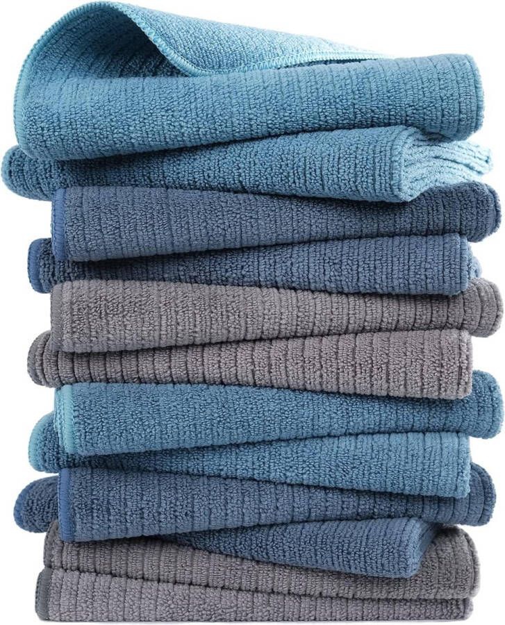 Premium microvezel keukendoek geribbeld badstof 12-pack blauw-grijs-groenblauw 406x711 cm