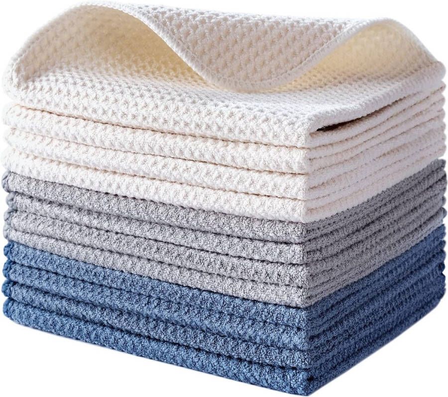 Premium microvezel keukendoek met wafelpatroon 12-pack donkerblauw grijs gebroken wit 31 x 31 cm
