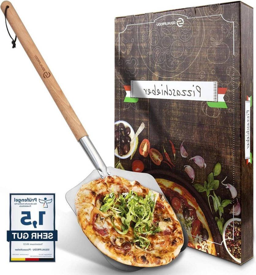 Premium Pizzaschep van Roestvrij Staal en Beukenhout Stabiele Schroefdraad Extra Lang Ontbraamd Lus om op te Hangen Pizzaschep