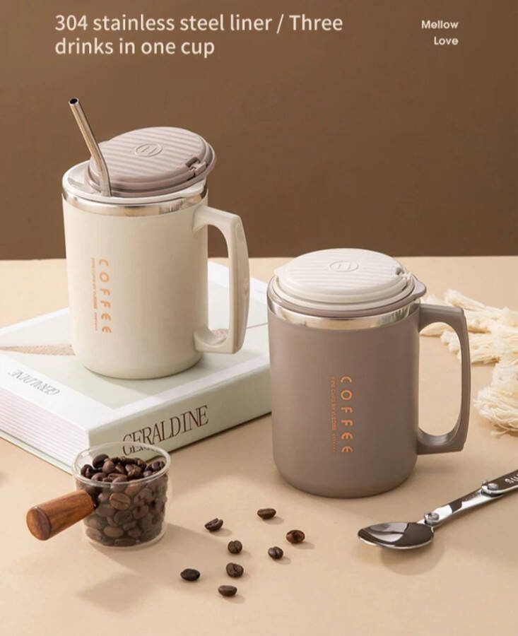 Premium RVS Koffiebeker To Go Met RVS Lepel En Rietje -Beige- 480ml Thermosbeker Theebeker- Travel Mug voor Koffie en Thee