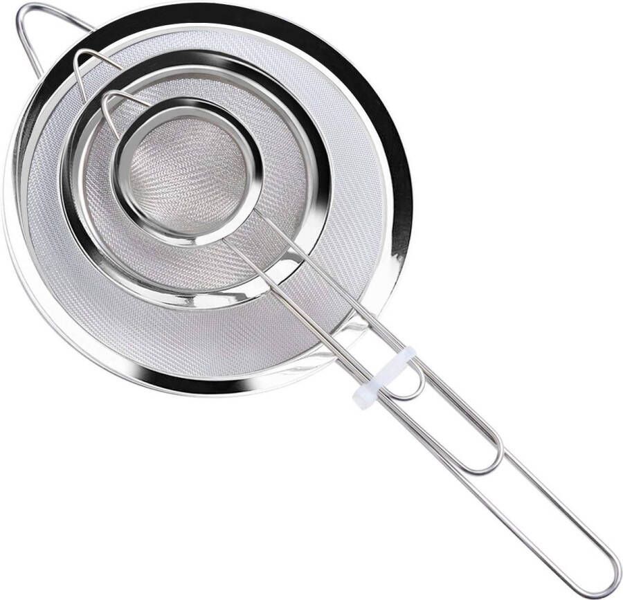 Premium RVS Zeef Set Vergiet 3 Delig Keukenzeef Zeefjes Zeef Set Bolzeef Mini Zeefjes Set Premium Fijne Vaatwasbestendig Ø 7 12 en 18 cm Stevig & Duurzaam