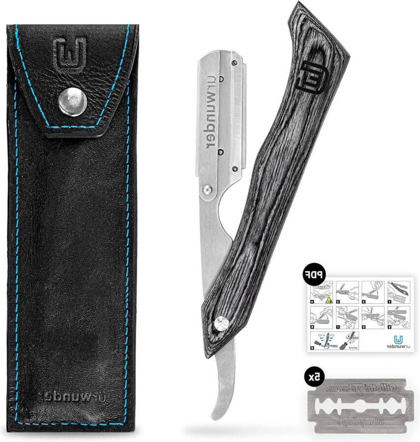 Premium scheermes met echt lederen etui Nauwkeurig scheren Eenvoudige instructies Scherpe reservemesjes Zilver geborsteld zwart