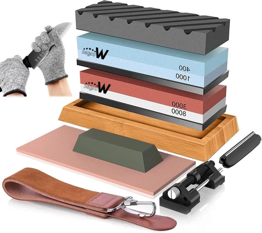 Premium Slijpsteen Set 12 in 1 Messenslijper Wetsteen Korrel 400 1000 3000 8000 Anti-slip Siliconen Houder Hoekgeleiding Afvlakkende Lederstrepen Snijbestendige Handschoenen