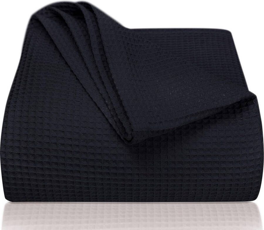 Premium sprei 240 x 260 cm XXL wafelpiqué 100% katoen lichte woondeken wafellook katoenen deken als bedsprei bankovertrek bankdeken (zwart)