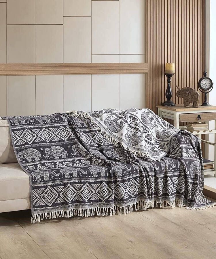 Premium sprei Bali 100% katoen Oeko-Tex bedsprei woondeken omkeerbare deken sofadeken met patroon extra groot 220 x 240 cm (olifant)