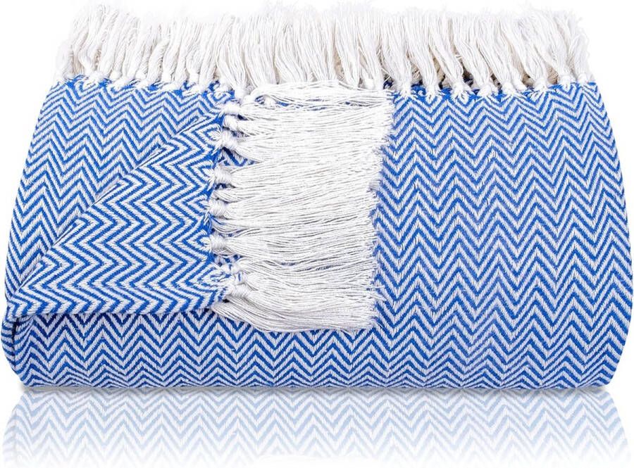 Premium sprei met franjes 100% katoen 180 x 240 cm visgraatpatroon zomerdeken katoenen deken als bedsprei bankdeken blauw
