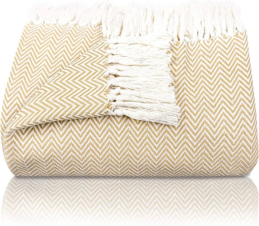 Premium sprei met franjes 100% katoen 180 x 240 cm visgraatpatroon zomerdeken katoenen deken als bedsprei bankdeken crèmekleurig