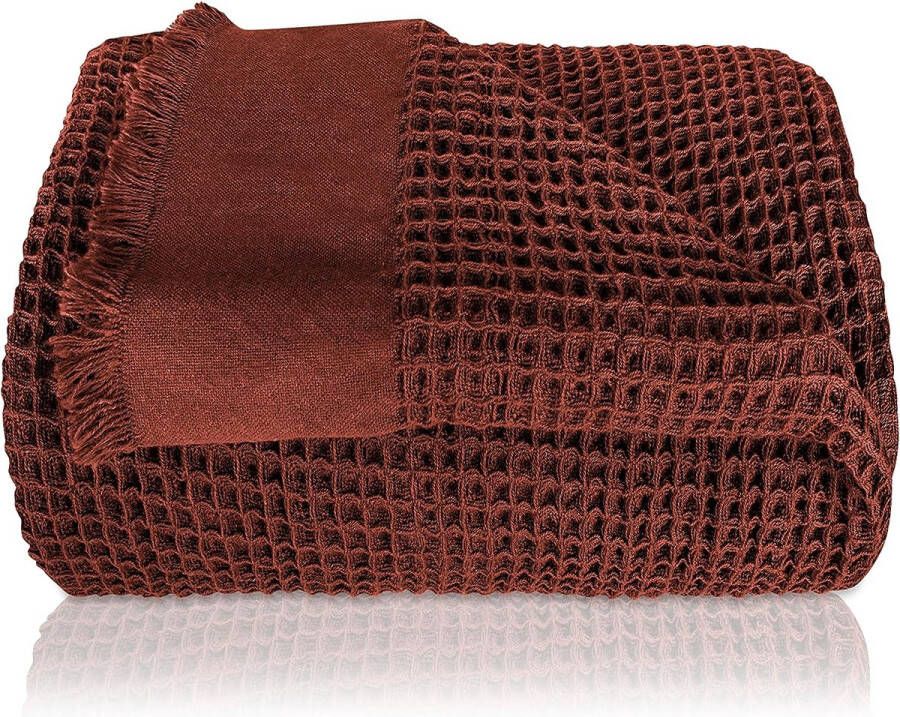 Premium sprei met franjes 180 x 240 cm warme wafelpiqué knuffeldeken 100% katoen woondeken katoenen deken als bedsprei sprei deken bank (terracotta)