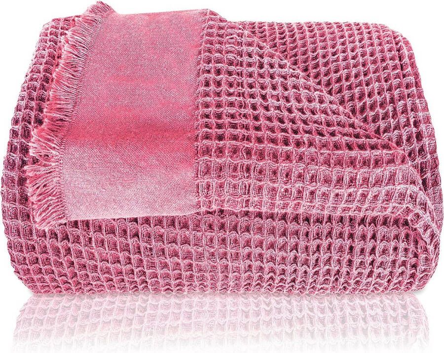 Premium sprei met franjes 180 x 240 cm warme wafelpiqué knuffeldeken 100% katoen woonkamerdeken katoenen deken als sprei deken bank (roze)