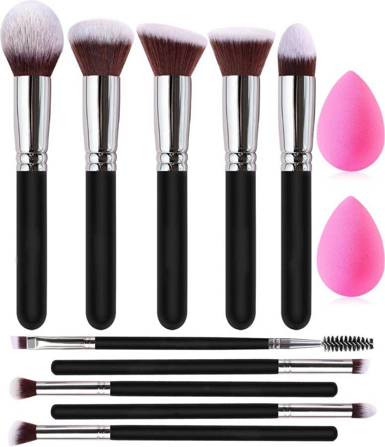 Premium Synthetische Make-Up Kwastenset Kabuki Stijl Voor Foundation Gezichtspoeder Blush Oogschaduw Inclusief Blender Spons (12-Delig Zwart Zilver)
