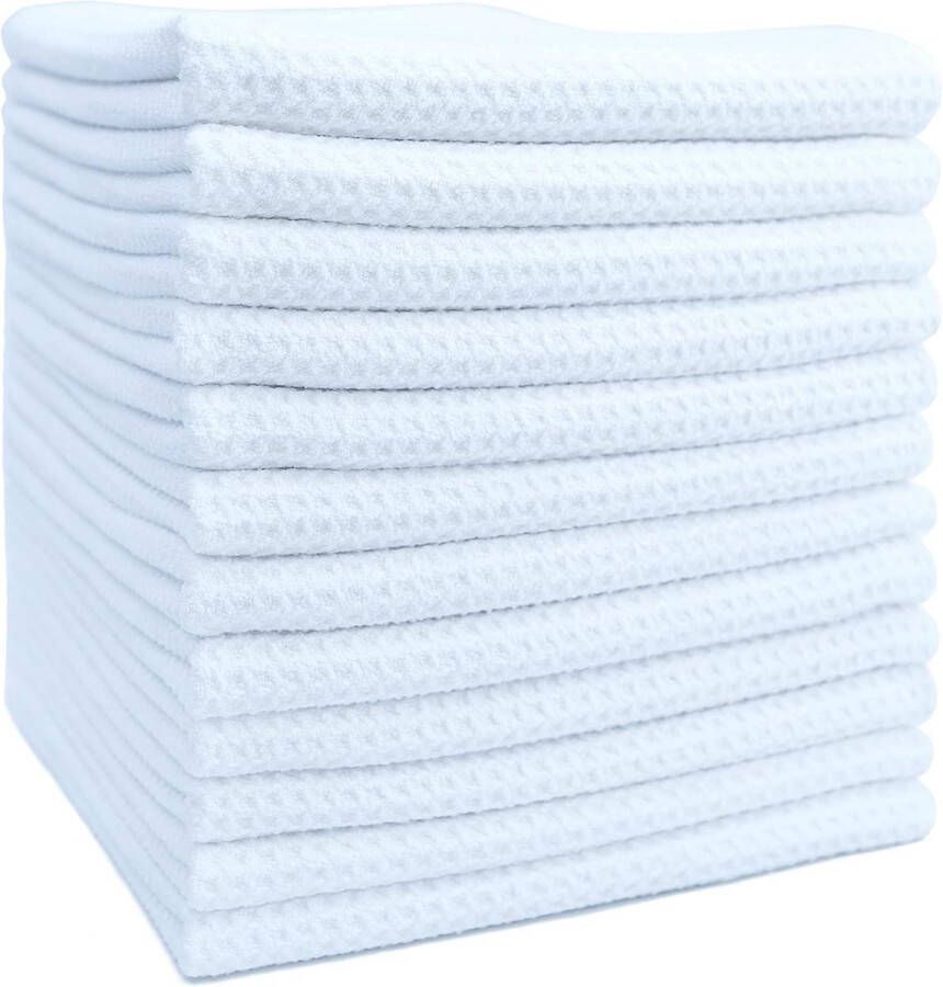 Premium theedoeken van microvezel wafelstructuur wit 41 x 71 cm 12 stuks hoog absorberend voor keuken en huishouden