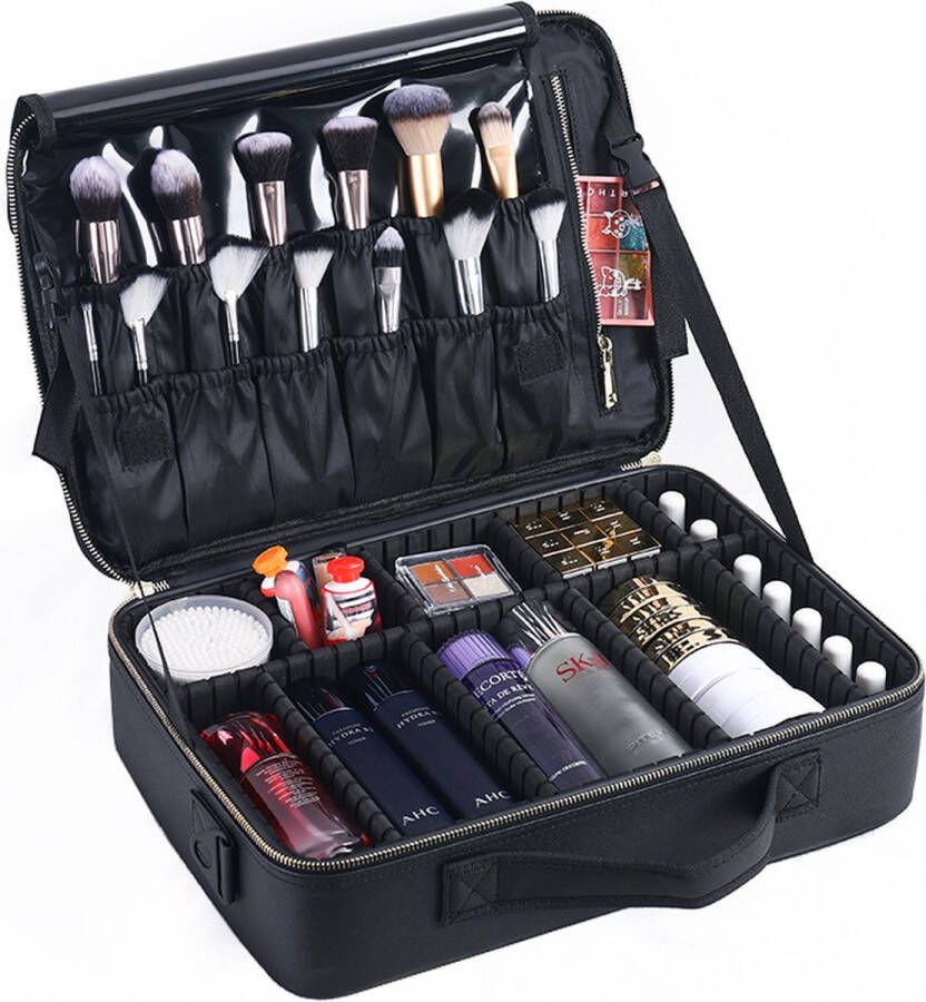 Premium XL Make Up Organizer Make Up Koffer 40cm x 29cm x 12cm Beautycase Verstelbare Vakken Tas Makeup Reistas Zwart
