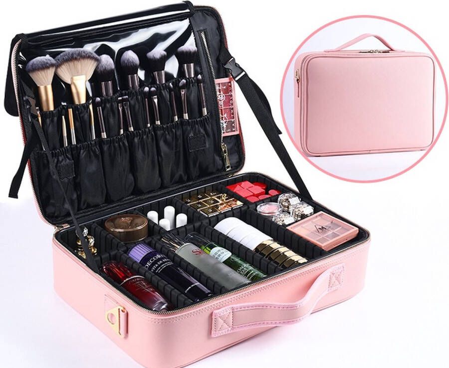 Premium XL Make Up Organizer Make Up Koffer 40cm x 29cm x 12cm Beautycase Verstelbare Vakken Tas Makeup Reistas Roze