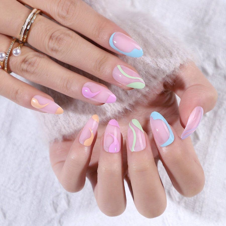 Press On Nails Avril Multicolor Plaknagels Trendy Ovaal Medium Roze Blauw Oranje Groen Plaknagels met lijm Kunstnagels Nepnagels Xpressnails.nl